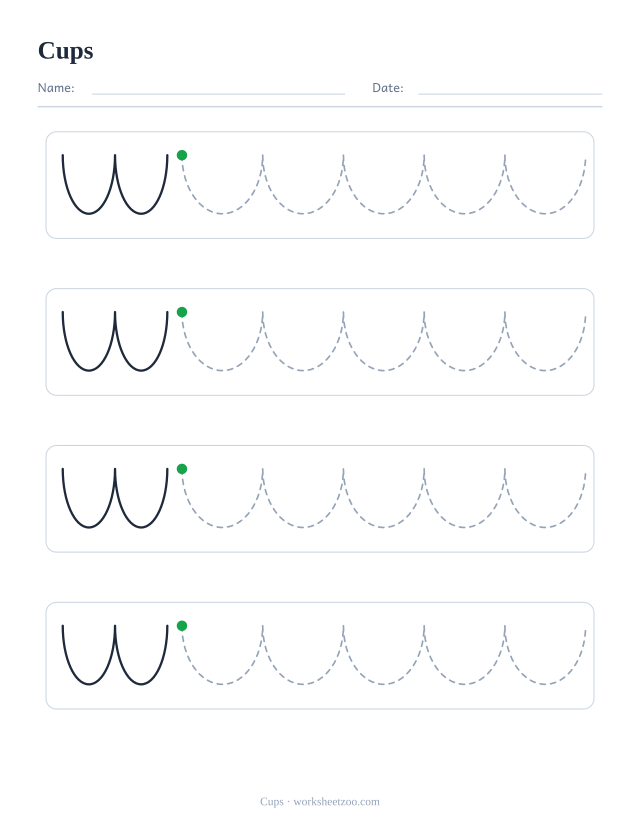 cups pre-writing practice worksheet with a solid example and dashed patterns to trace