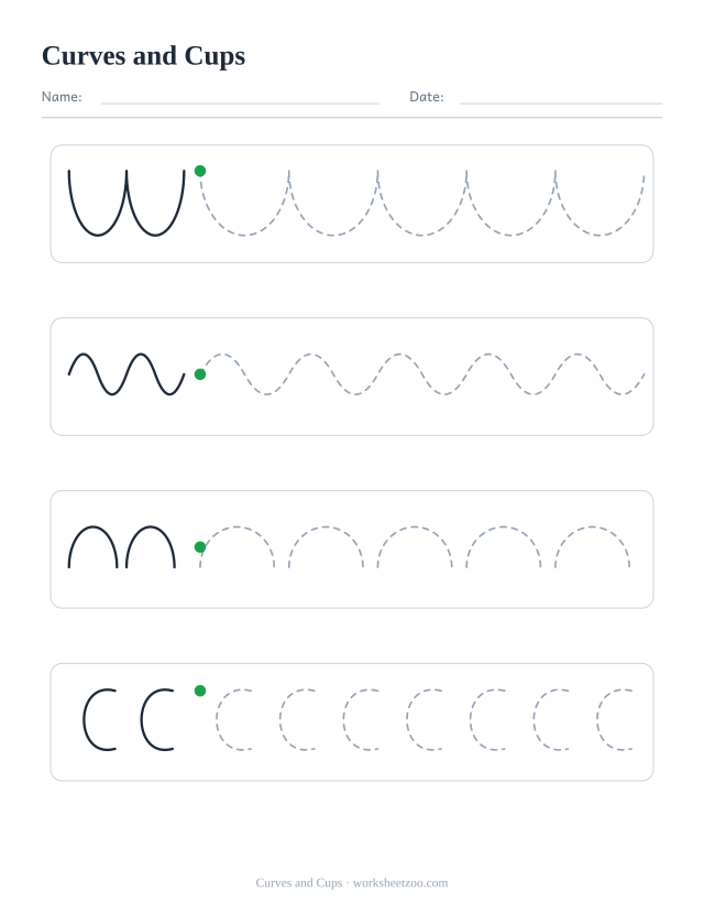 curves and cups pre-writing worksheet, four rows with a different dashed pattern on each