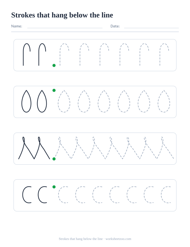 Pre-writing worksheet with four different practice strokes, strokes that hang below the line