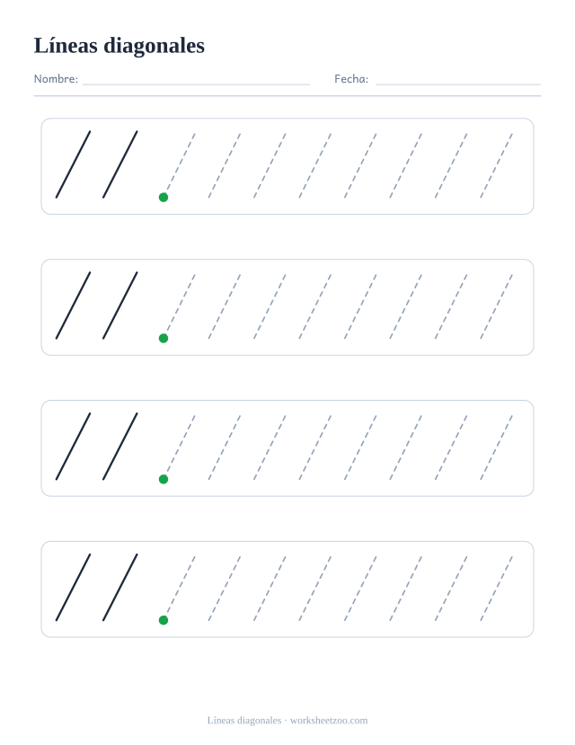 Ficha de grafomotricidad de Líneas diagonales con patrones punteados para repasar