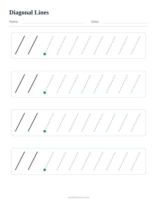 Diagonal Lines pre-writing practice worksheet with dashed patterns to trace