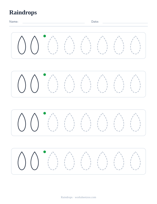 raindrops pre-writing practice worksheet with a solid example and dashed patterns to trace