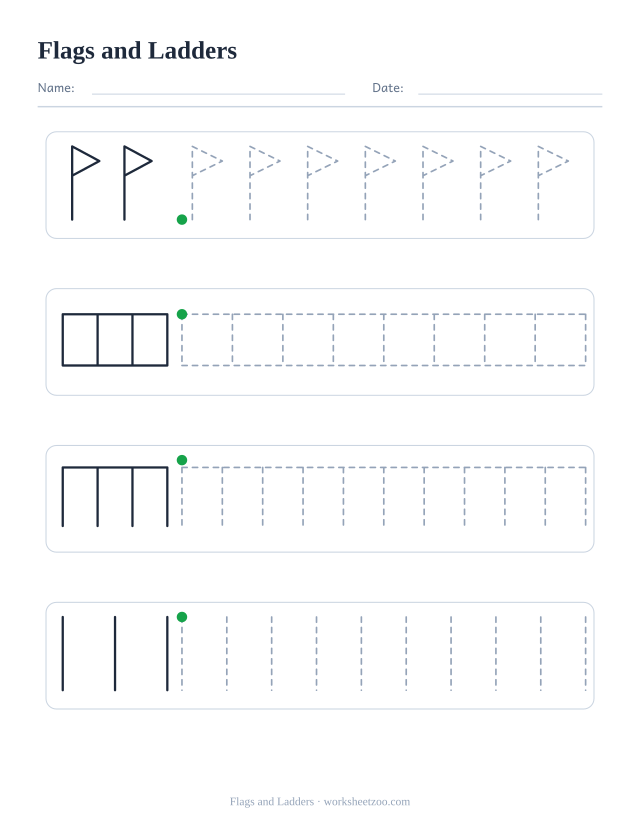 flags and ladders pre-writing worksheet, four rows with a different dashed pattern on each