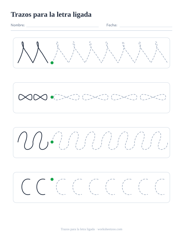 Ficha de grafomotricidad con cuatro trazos distintos, trazos para la letra ligada