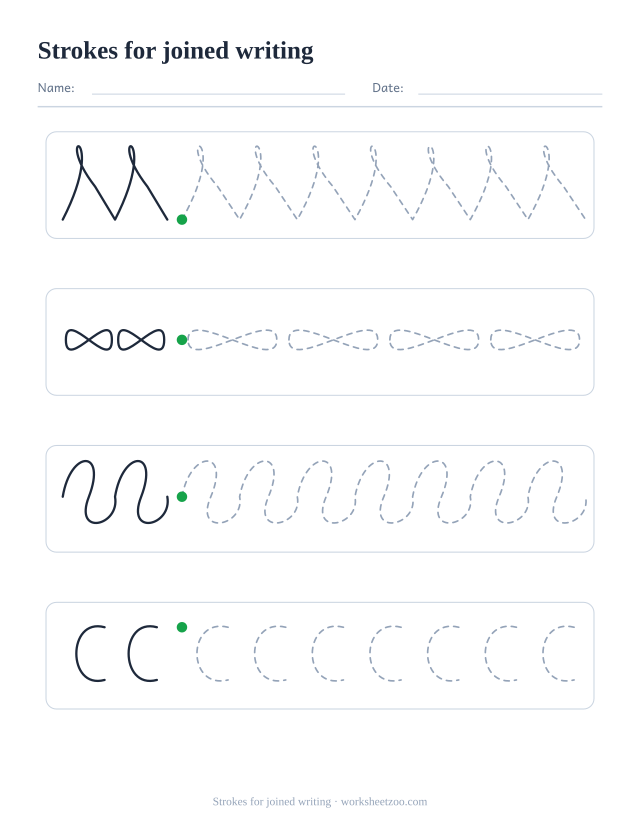 Pre-writing worksheet with four different practice strokes, strokes for joined writing
