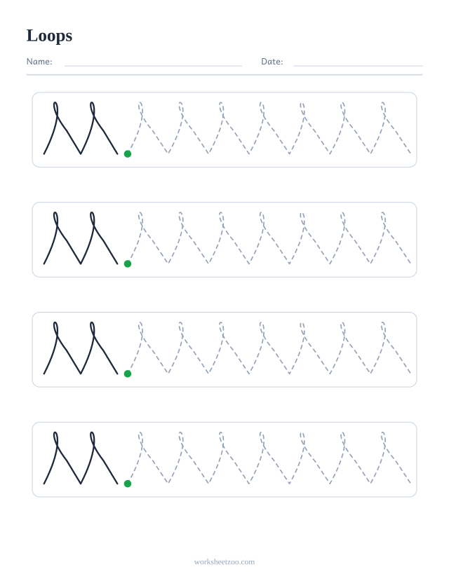 Loops pre-writing practice worksheet with dashed patterns to trace