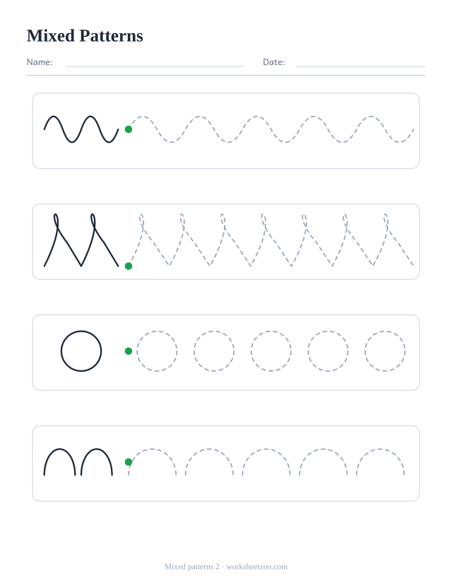 Mixed pre-writing worksheet with four different rows: waves, loops, circles and semicircles, each with an example and dashed practice
