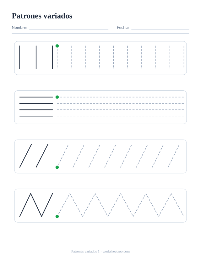 Ficha de grafomotricidad variada con cuatro filas distintas: líneas verticales, horizontales, diagonales y zigzag, cada una con ejemplo y trazo punteado para repasar