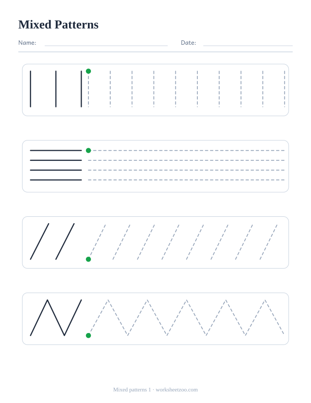Mixed pre-writing worksheet with four different rows: vertical lines, horizontal lines, diagonals and zigzags, each with an example and dashed practice