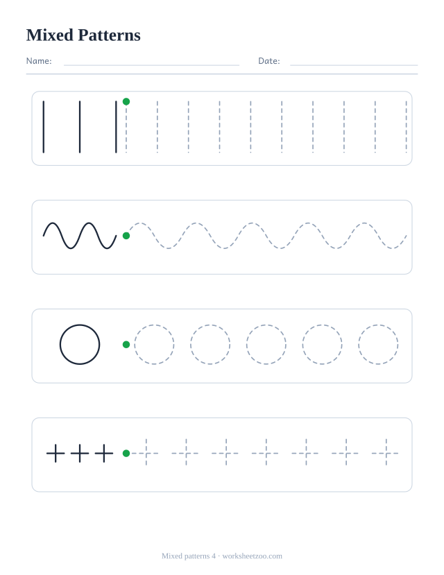 Mixed pre-writing worksheet with four different rows: vertical lines, waves, circles and crosses, each with an example and dashed practice