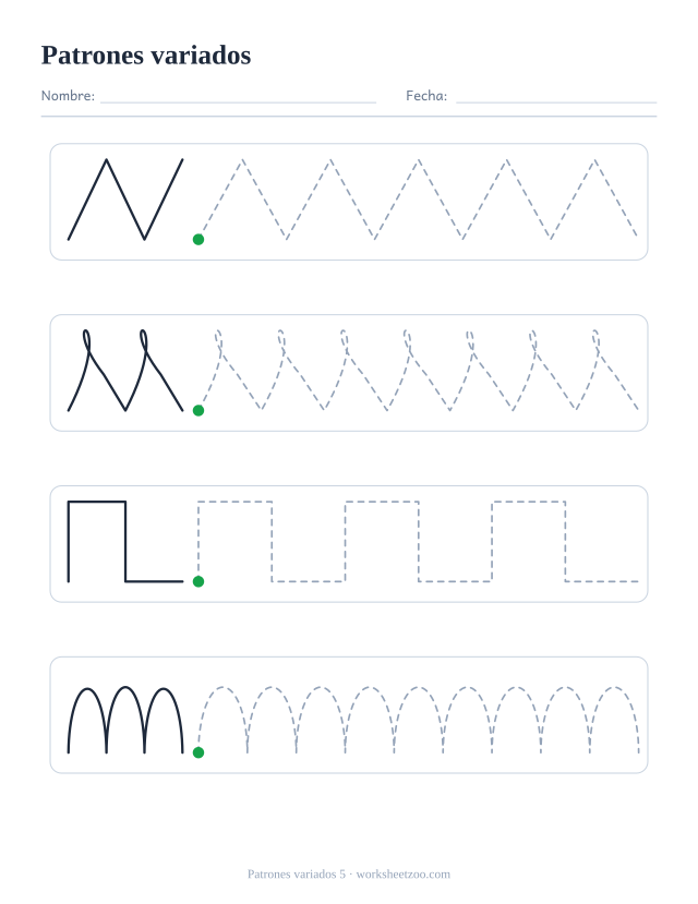 Ficha de grafomotricidad variada con cuatro filas distintas: zigzag, bucles, escalones y montañitas, cada una con ejemplo y trazo punteado para repasar