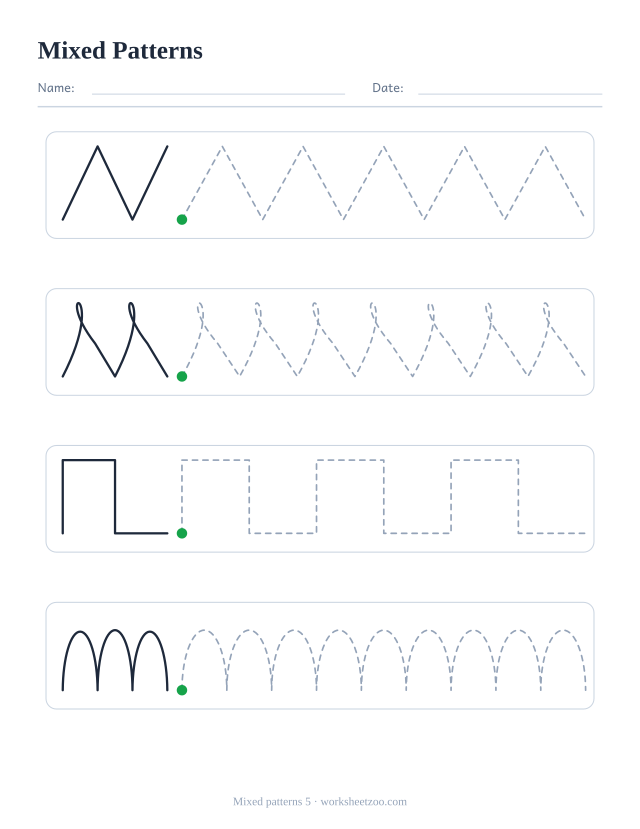 Mixed pre-writing worksheet with four different rows: zigzags, loops, steps and bumps, each with an example and dashed practice