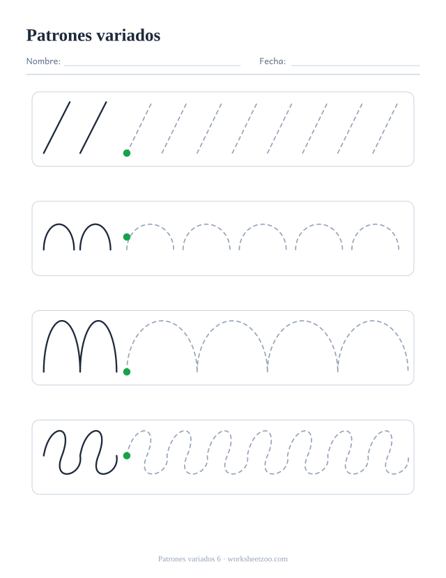 Ficha de grafomotricidad variada con cuatro filas distintas: diagonales, semicírculos, arcos y espirales, cada una con ejemplo y trazo punteado para repasar