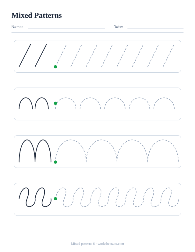 Mixed pre-writing worksheet with four different rows: diagonals, semicircles, arches and coils, each with an example and dashed practice
