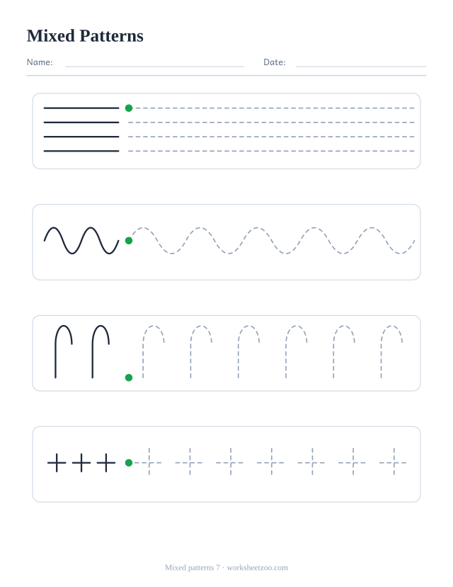 Mixed pre-writing worksheet with four different rows: horizontal lines, waves, canes and crosses, each with an example and dashed practice