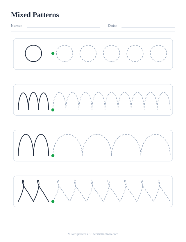 Mixed pre-writing worksheet with four different rows: circles, bumps, arches and loops, each with an example and dashed practice