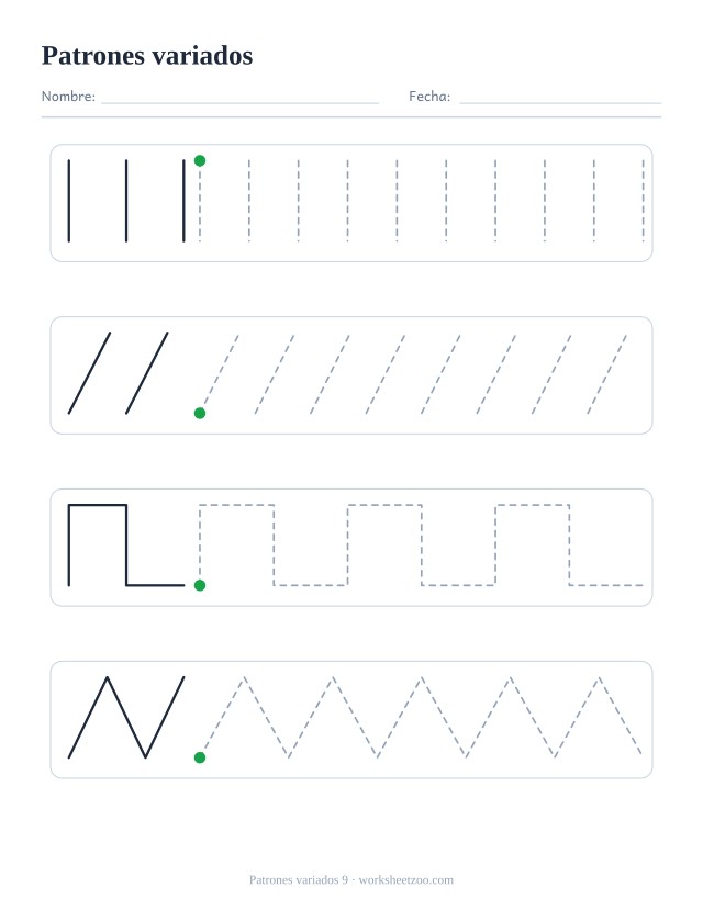 Ficha de grafomotricidad variada con cuatro filas distintas: líneas verticales, diagonales, escalones y zigzag, cada una con ejemplo y trazo punteado para repasar
