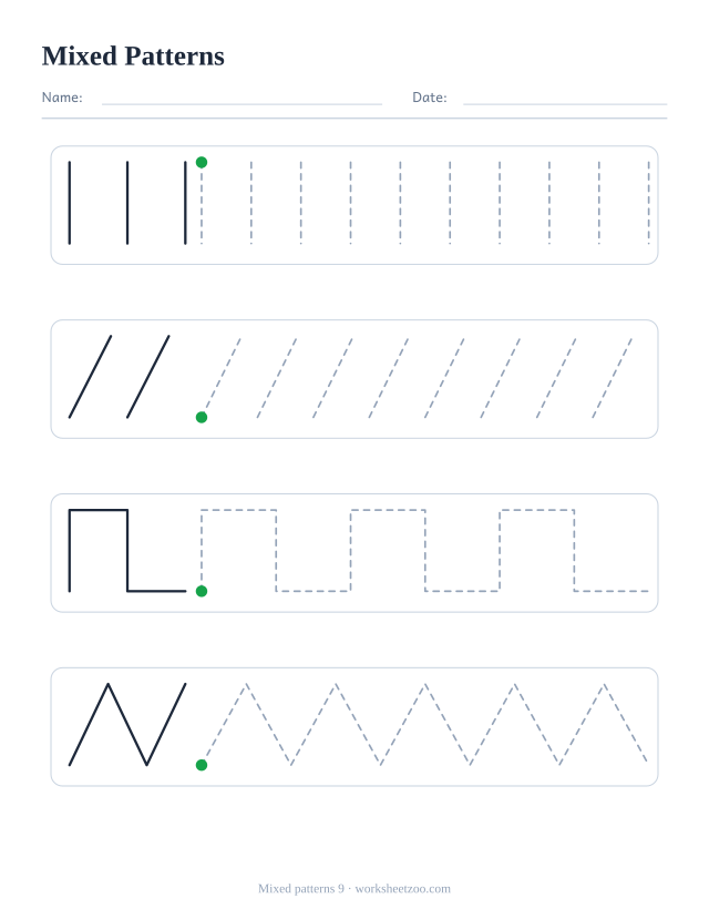 Mixed pre-writing worksheet with four different rows: vertical lines, diagonals, steps and zigzags, each with an example and dashed practice