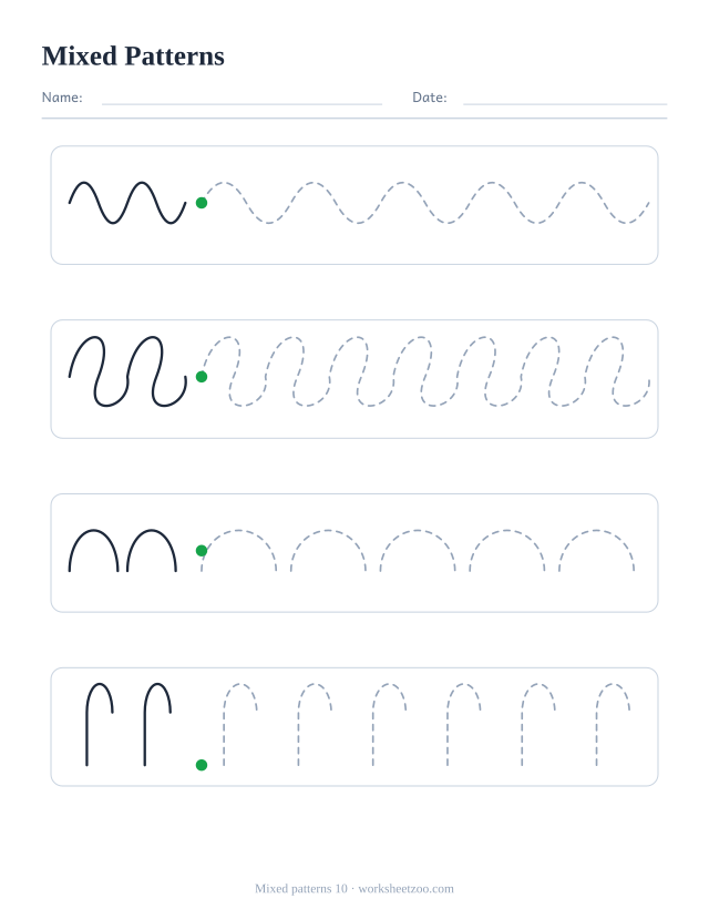 Mixed pre-writing worksheet with four different rows: waves, coils, semicircles and canes, each with an example and dashed practice