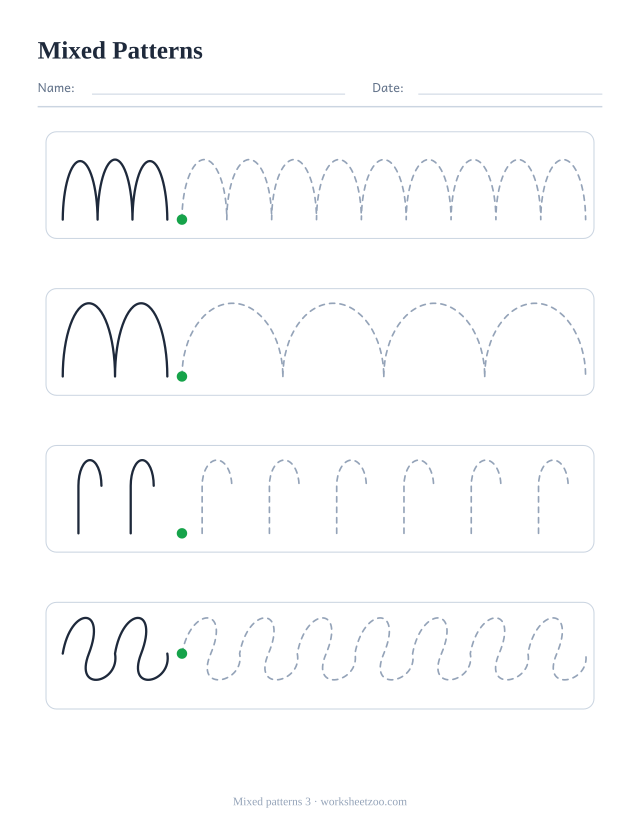 Mixed pre-writing worksheet with four different rows: bumps, arches, canes and coils, each with an example and dashed practice