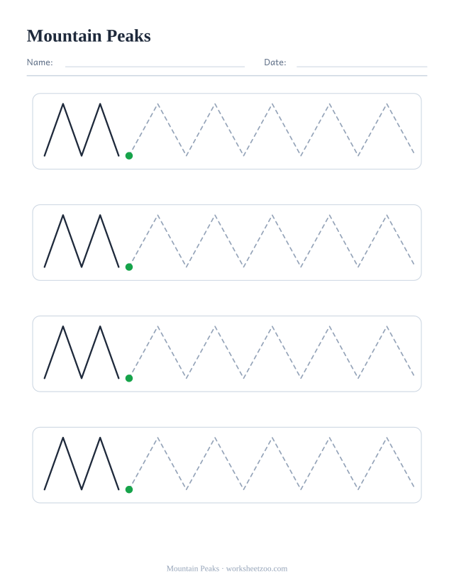mountain peaks pre-writing practice worksheet with a solid example and dashed patterns to trace