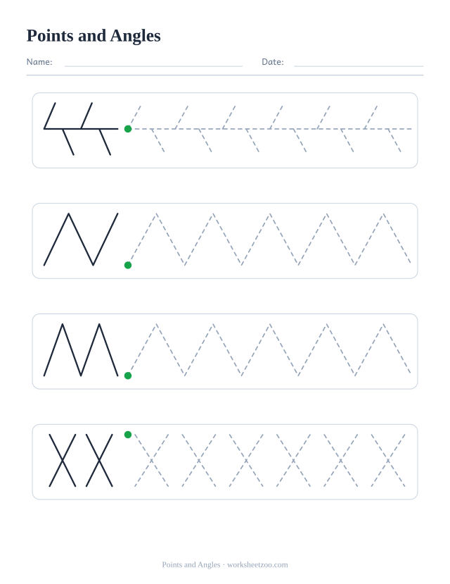 points and angles pre-writing worksheet, four rows with a different dashed pattern on each