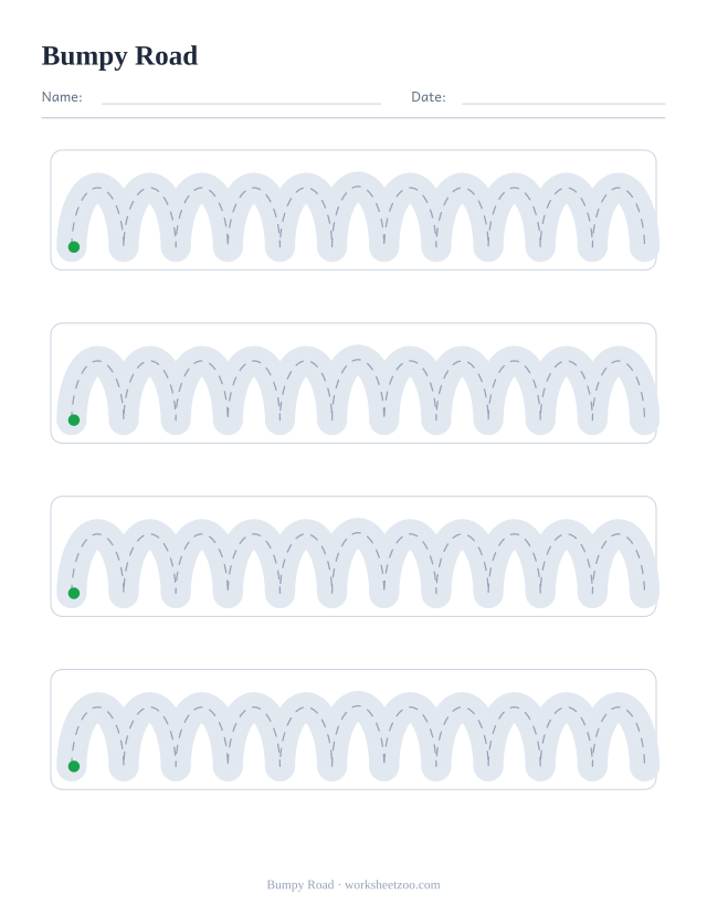 bumpy road pencil control worksheet, four wide roads to draw along without touching the edges
