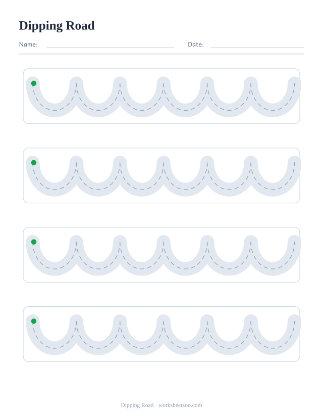 dipping road pencil control worksheet, four wide roads to draw along without touching the edges
