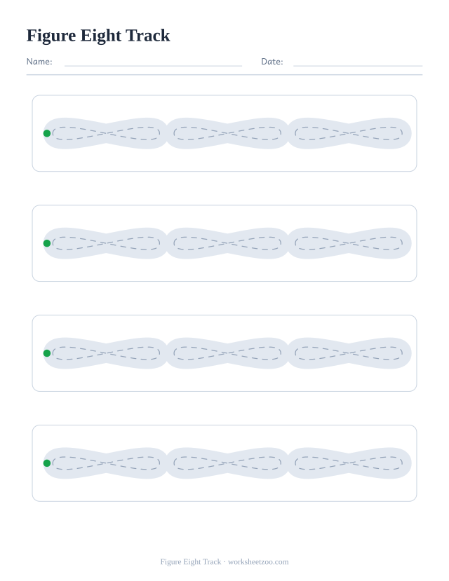figure eight track pencil control worksheet, four wide roads to draw along without touching the edges
