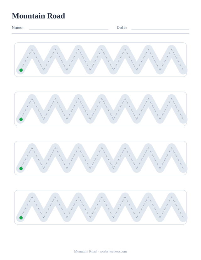 mountain road pencil control worksheet, four wide roads to draw along without touching the edges
