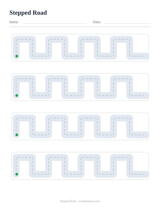stepped road pencil control worksheet, four wide roads to draw along without touching the edges