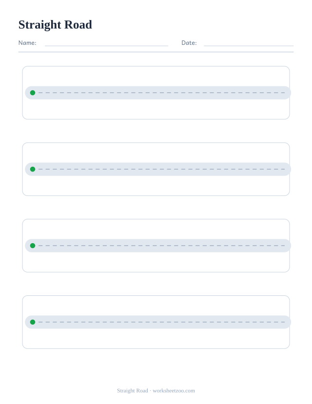 straight road pencil control worksheet, four wide roads to draw along without touching the edges