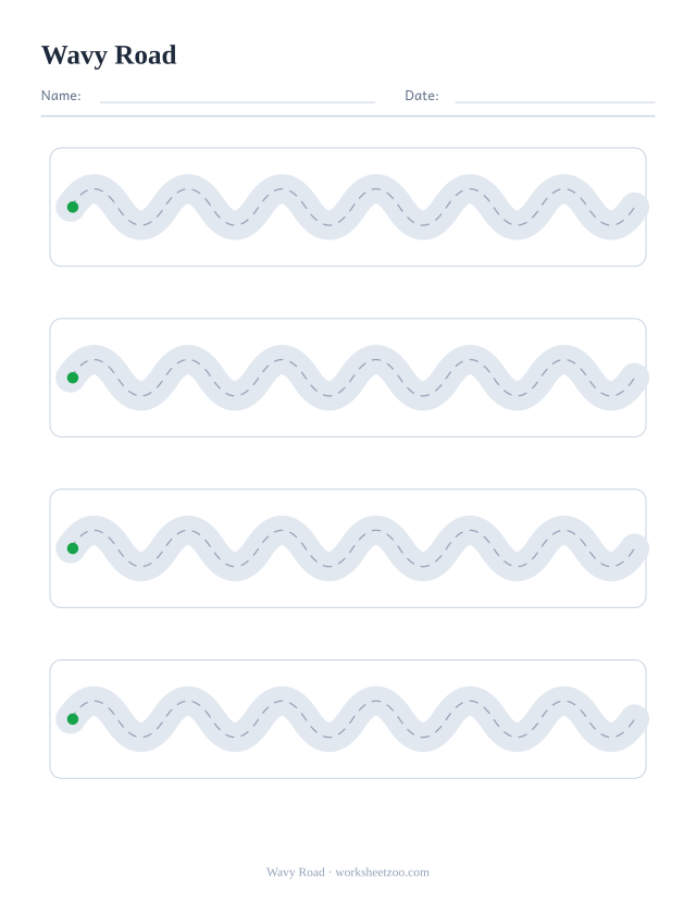 wavy road pencil control worksheet, four wide roads to draw along without touching the edges