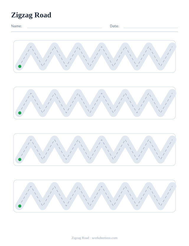 zigzag road pencil control worksheet, four wide roads to draw along without touching the edges