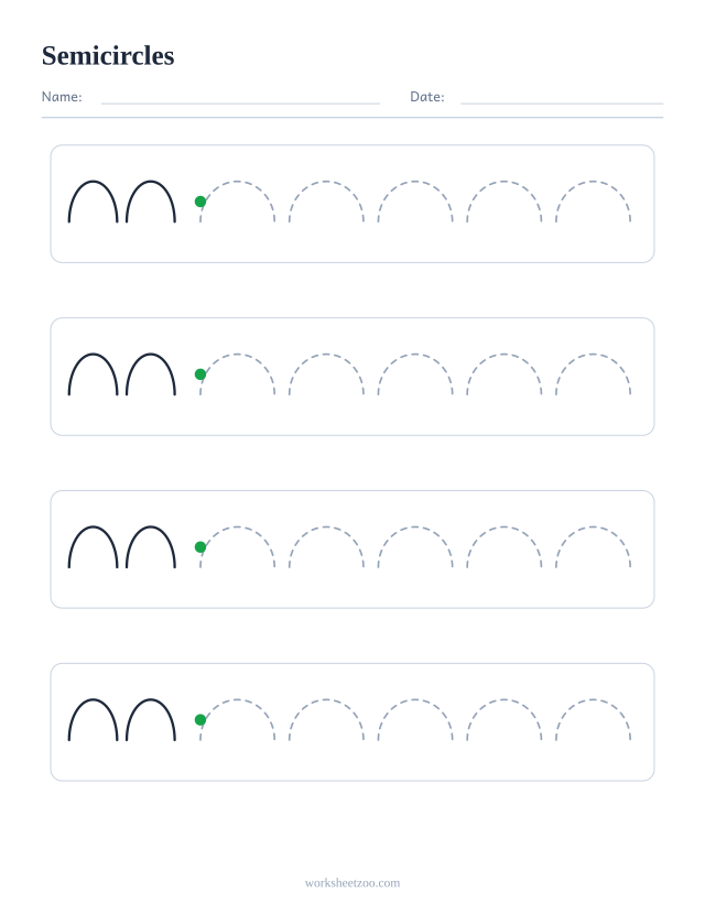 Semicircles pre-writing practice worksheet with dashed patterns to trace