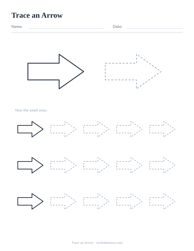 Shape tracing worksheet for the arrow, one large dashed outline plus fifteen smaller ones to trace