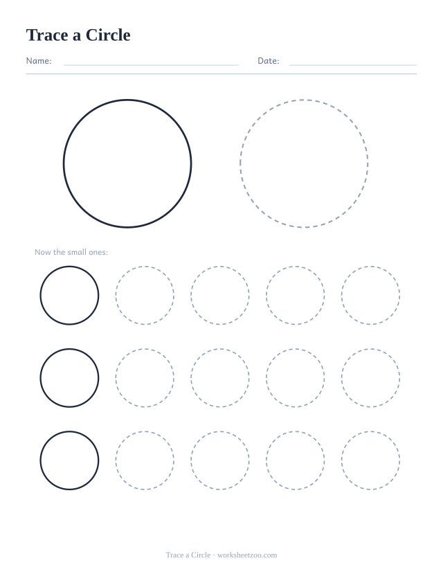 Shape tracing worksheet for the circle, one large dashed outline plus fifteen smaller ones to trace