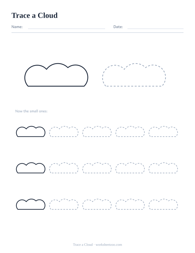 Shape tracing worksheet for the cloud, one large dashed outline plus fifteen smaller ones to trace
