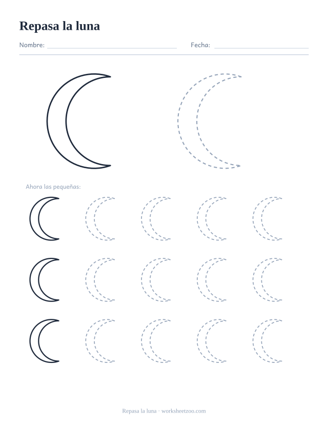 Ficha de grafomotricidad para repasar repasa la luna, con un contorno grande punteado y quince pequeños