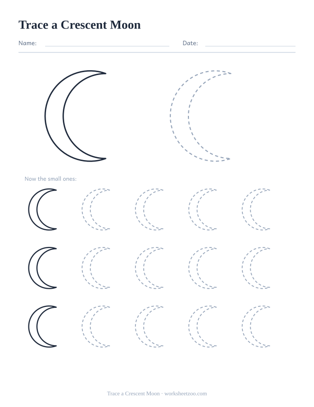Shape tracing worksheet for the crescent, one large dashed outline plus fifteen smaller ones to trace