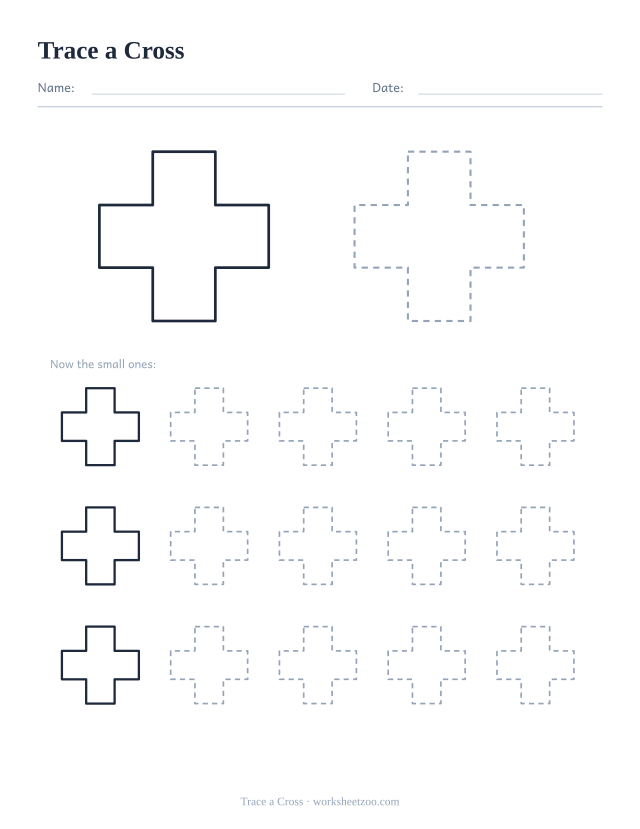 Shape tracing worksheet for the cross, one large dashed outline plus fifteen smaller ones to trace