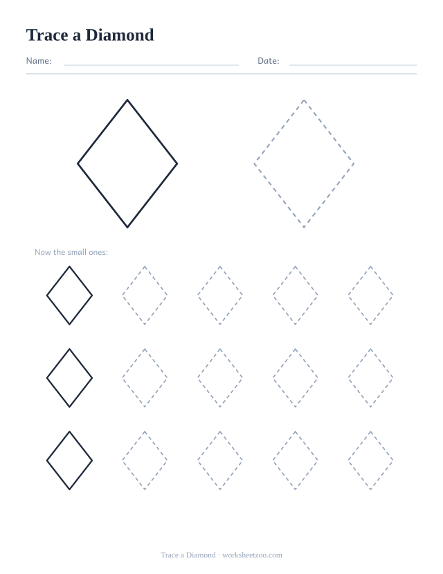 Shape tracing worksheet for the diamond, one large dashed outline plus fifteen smaller ones to trace