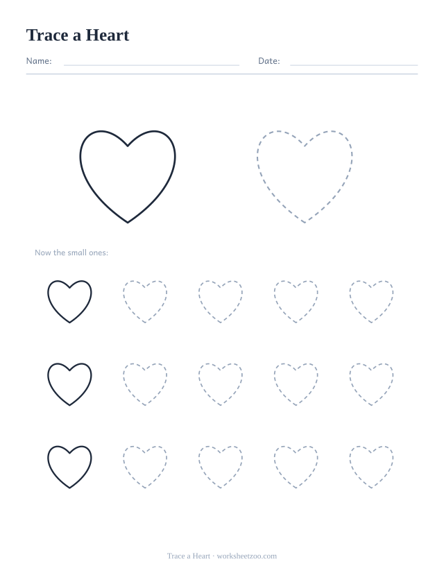 Shape tracing worksheet for the heart, one large dashed outline plus fifteen smaller ones to trace