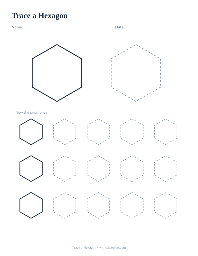 Shape tracing worksheet for the hexagon, one large dashed outline plus fifteen smaller ones to trace