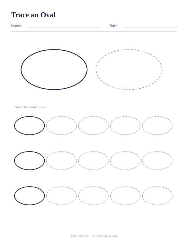 Shape tracing worksheet for the oval, one large dashed outline plus fifteen smaller ones to trace