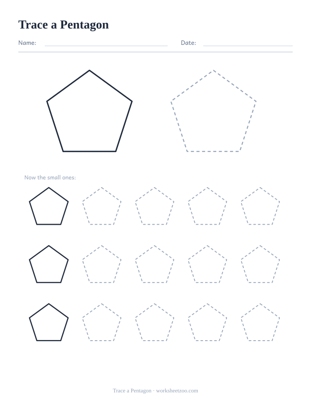 Shape tracing worksheet for the pentagon, one large dashed outline plus fifteen smaller ones to trace