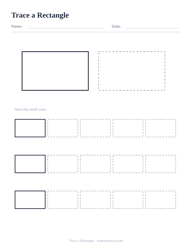 Shape tracing worksheet for the rectangle, one large dashed outline plus fifteen smaller ones to trace