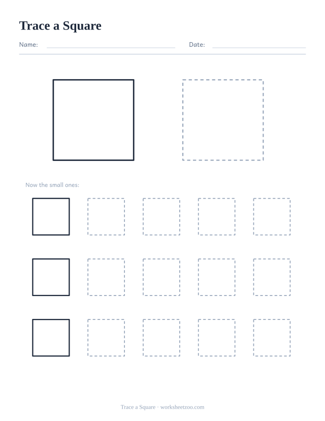 Shape tracing worksheet for the square, one large dashed outline plus fifteen smaller ones to trace