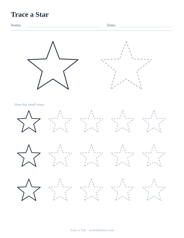 Shape tracing worksheet for the star, one large dashed outline plus fifteen smaller ones to trace