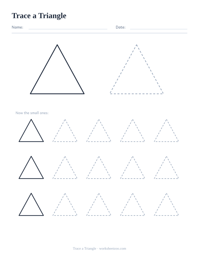 Shape tracing worksheet for the triangle, one large dashed outline plus fifteen smaller ones to trace